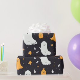 Witte en gouden geesten sterren Zwarte Halloween Cadeaupapier