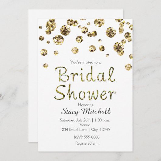 Witte en Gouden Glitter Bruids Douche Uitnodiging (Voorkant / Achterkant)