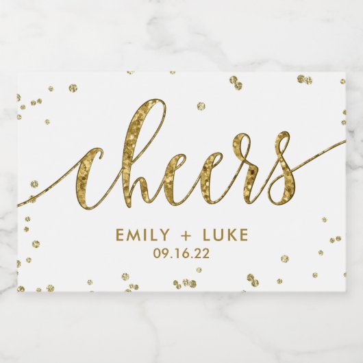 Witte en gouden Glitter Cheers Wedding Sparkling Wijnetiket (Enkel label)
