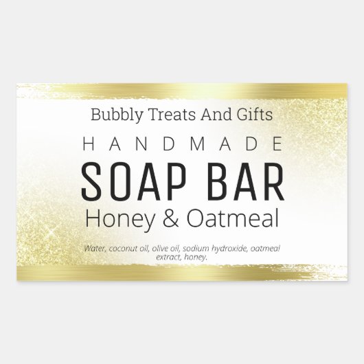 Witte en gouden glitter handgemaakte zeepetiketten rechthoekige sticker (Voorkant)