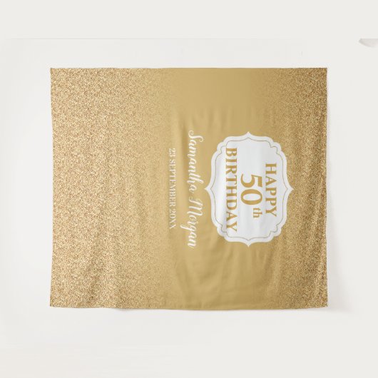 Witte en gouden glitters ombre verjaardagsachtergr wandkleed (Voorkant (horizontaal))