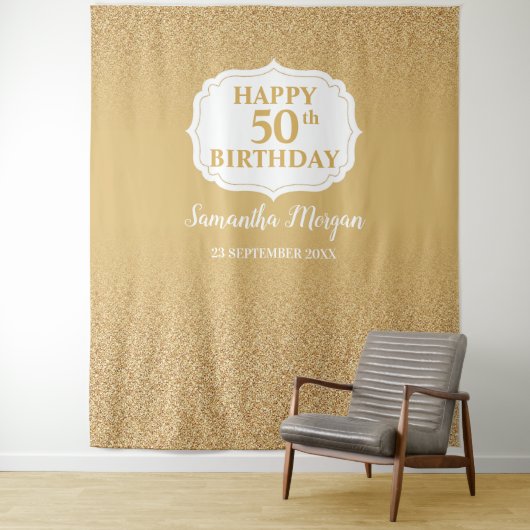 Witte en gouden glitters ombre verjaardagsachtergr wandkleed (In situ)