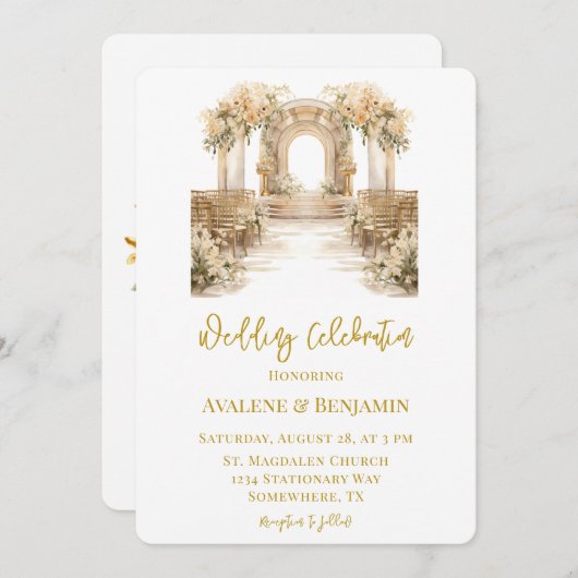 Witte en gouden kerk bruiloft kaart (Voorkant / Achterkant)