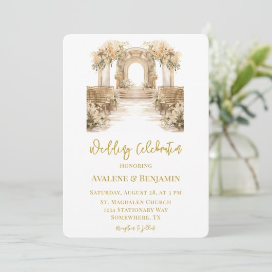 Witte en gouden kerk bruiloft kaart (Staand voorkant)