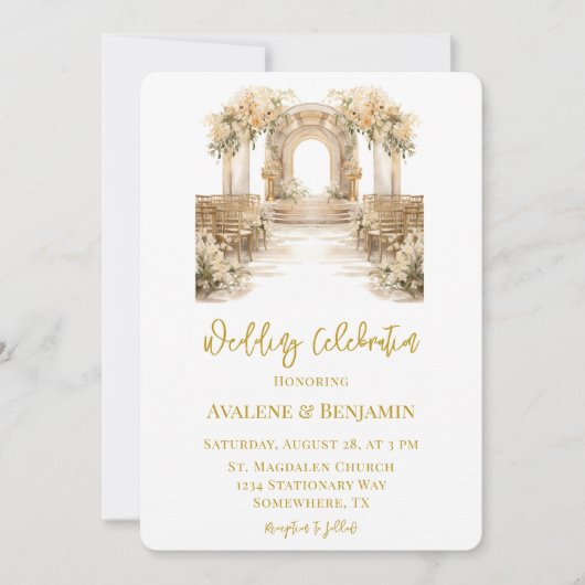 Witte en gouden kerk bruiloft kaart (Voorkant)