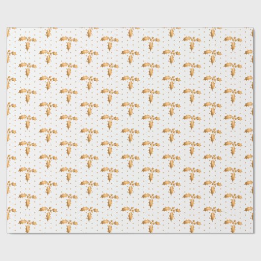 Witte en gouden Kerstmis Holly Cadeaupapier (Vlak)