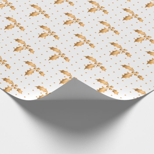 Witte en gouden Kerstmis Holly Cadeaupapier (Hoek)