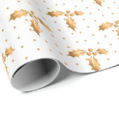 Witte en gouden Kerstmis Holly Cadeaupapier (Rol Hoek)