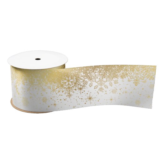 Witte en gouden kerstsnowflakes satijnen lint (Spoel)
