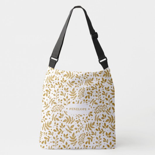 Witte en gouden kleur met botanische naam crossbody tas (Voorkant)
