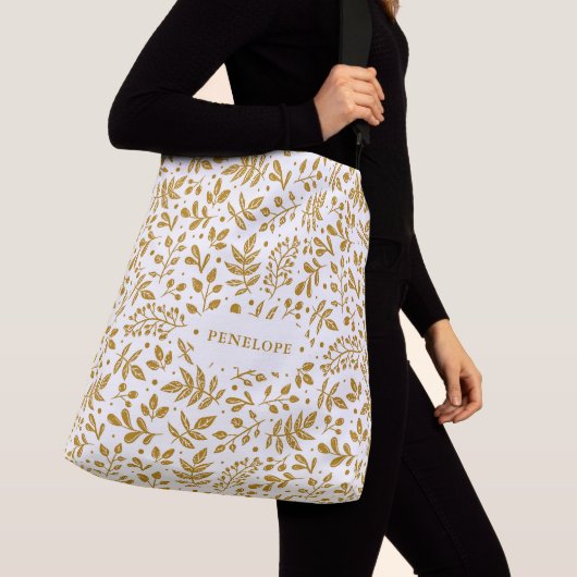 Witte en gouden kleur met botanische naam crossbody tas (Dichtbij)