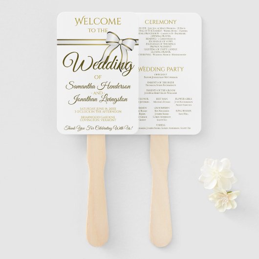 Witte en gouden lintbonnen met een programma handwaaier (Voorkant en achterkant)