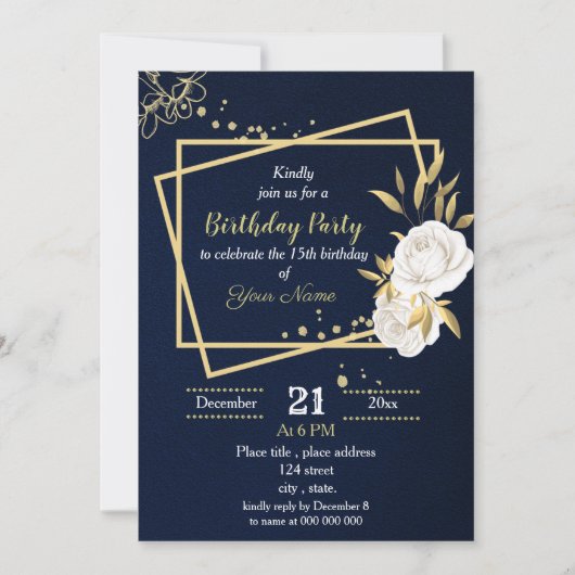 witte en gouden marineschoolpartij blauw verjaarda kaart (Voorkant)