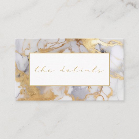 Witte en gouden marmer, details bruiloft informatiekaartje (Voorkant)