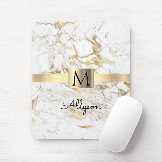 Witte en gouden marmer, gouddoos, zwart monogram, muismat (Met muis)