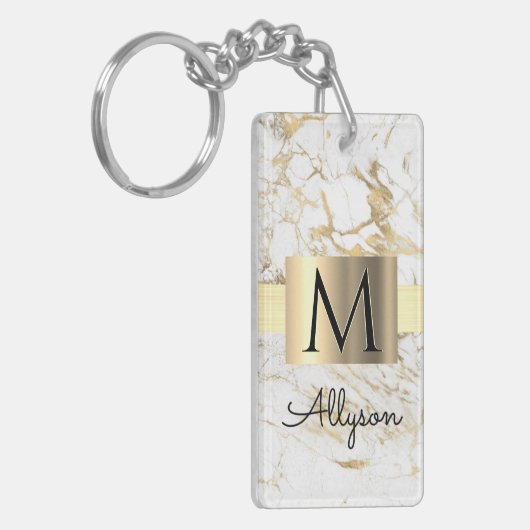 Witte en gouden marmer, gouddoos, zwart monogram,  sleutelhanger (Voorkant Links)