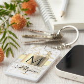 Witte en gouden marmer, gouddoos, zwart monogram,  sleutelhanger (Voorkant Rechts)