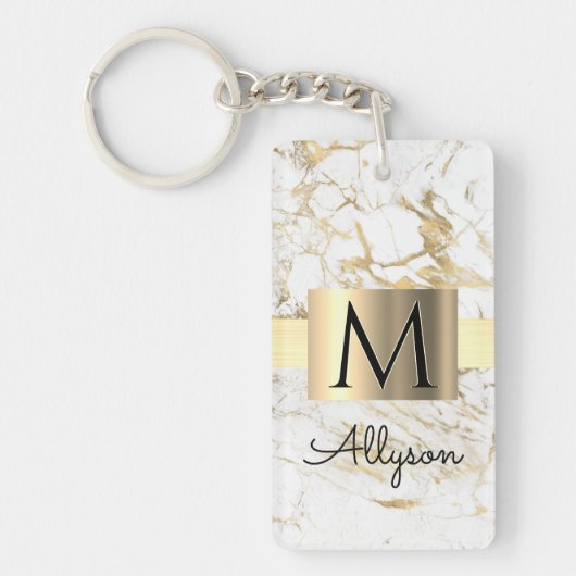 Witte en gouden marmer, gouddoos, zwart monogram,  sleutelhanger (Voorkant)