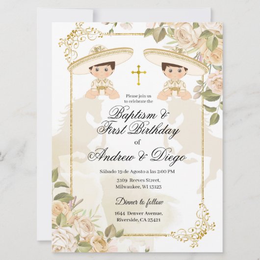 Witte en gouden mexicaanse tweelingjongens, uitnod kaart (Voorkant)