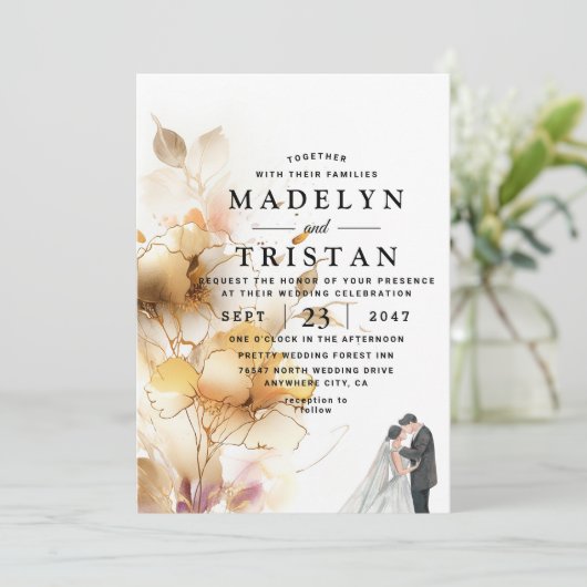 Witte en gouden minimalistische rustieke bloemenbr kaart (Staand voorkant)