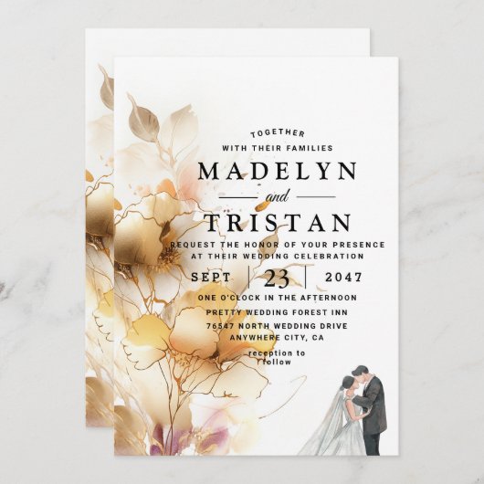 Witte en gouden minimalistische rustieke bloemenbr kaart (Voorkant / Achterkant)