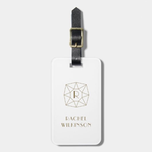 Witte en gouden monogram Art Deco Gem Bagagelabel (Voorkant verticaal)