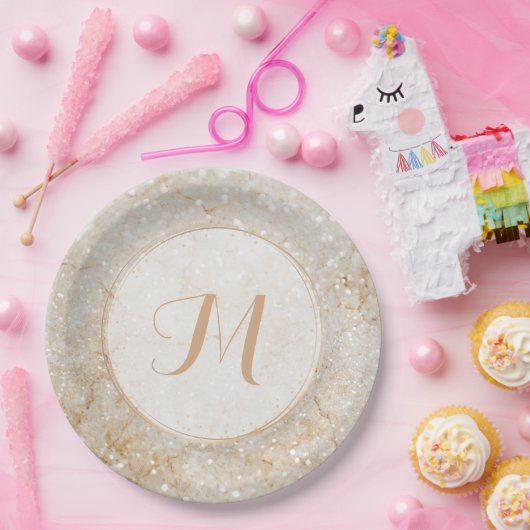 Witte en gouden monogram papieren bordje (Feest)