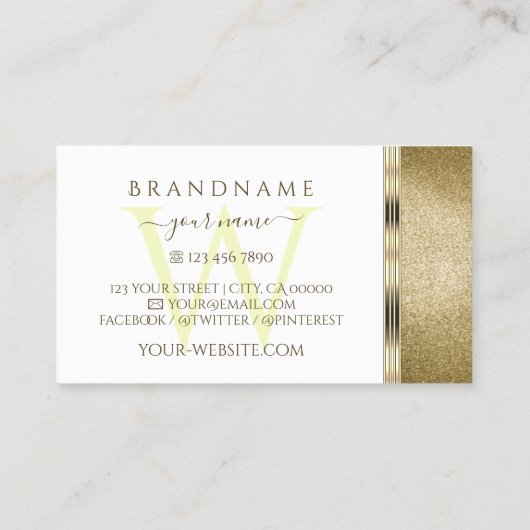 Witte en gouden Ornamenten Golden Glitter Monogram Visitekaartje (Achterkant)
