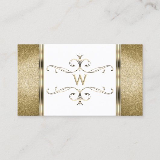 Witte en gouden Ornamenten Golden Glitter Monogram Visitekaartje (Voorkant)