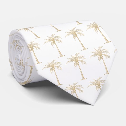 Witte en Gouden Palm Tree Patroon Stropdas (Opgerold)