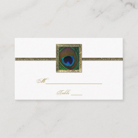 Witte en gouden Peacock Feather Place Card Plaatskaartje (Voorkant)