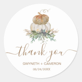 Witte en gouden pompoen dank u ronde sticker