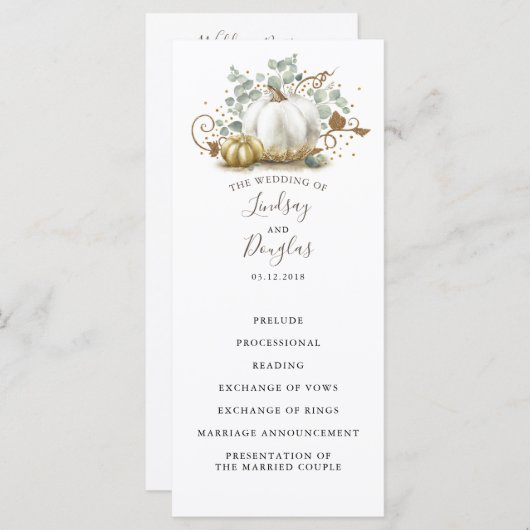Witte en gouden pompoenen herfst bruiloft programm programmakaart (Voorkant / Achterkant)
