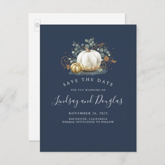 Witte en gouden pompoenen Herfst Save the Date Aankondigingskaart (Voorkant / Achterkant)