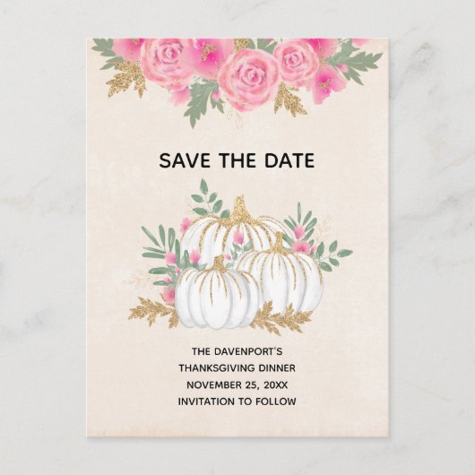 Witte en gouden pompoenen watercolor Save the Date Uitnodiging Briefkaart (Voorkant)