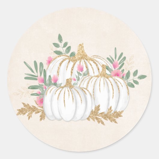 Witte en gouden pompoenen Waterverf vierkante Stic Ronde Sticker (Voorkant)