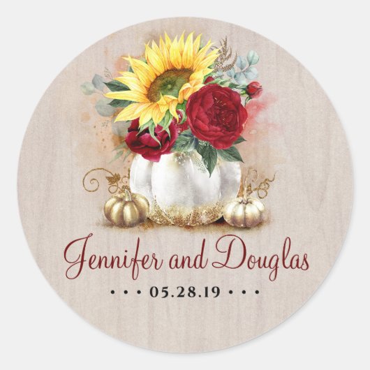 Witte en gouden pompoenen Zonnebloemen Bourgondisc Ronde Sticker (Voorkant)