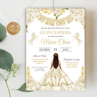 Witte en gouden Quinceanera Ivory Mis Quince Rozen Kaart