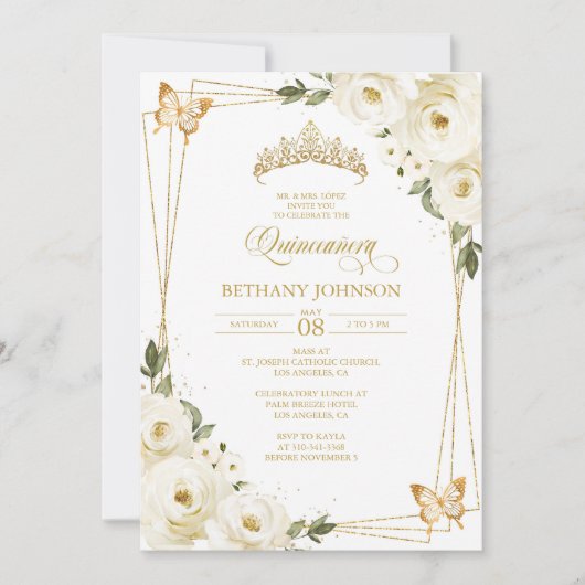 Witte en gouden Quinceañera uitnodiging (Voorkant)