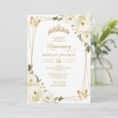 Witte en gouden Quinceañera uitnodiging (Staand voorkant)