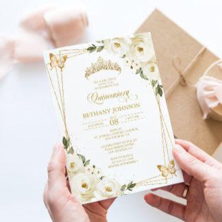 Witte en gouden Quinceañera uitnodiging