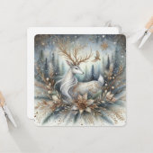 Witte en gouden rendier platte wenskaart kaart (Voorkant / Achterkant in situ)