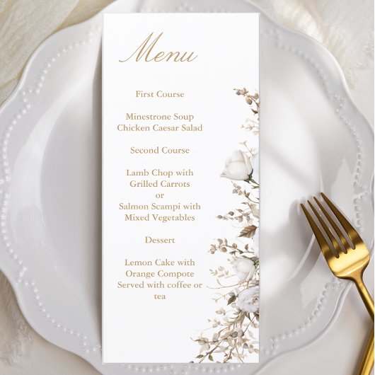 Witte en gouden Rozen Elegante Botanische Bruiloft Menu
