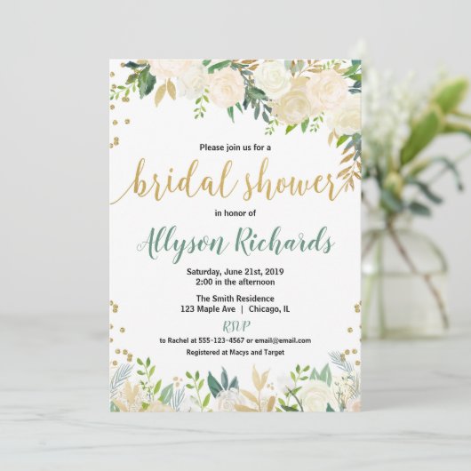 Witte en gouden rozen florale bruidjes bruiloft kaart (Staand voorkant)