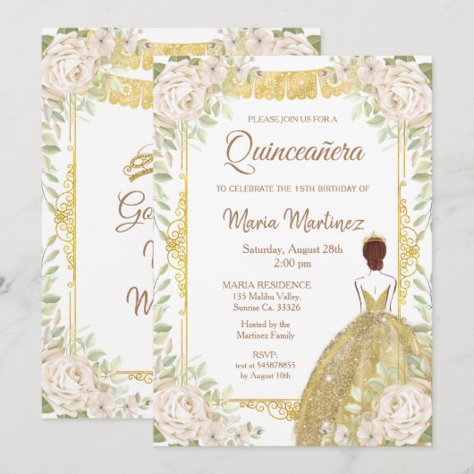 Witte en gouden Rozen Quinceanera Birthday Kaart (Voorkant / Achterkant)