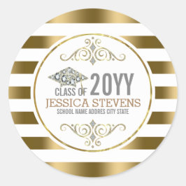 Witte en gouden strepen met Pet van Glitter Afstud Ronde Sticker