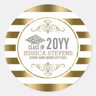 Witte en gouden strepen met Pet van Glitter Afstud Ronde Sticker