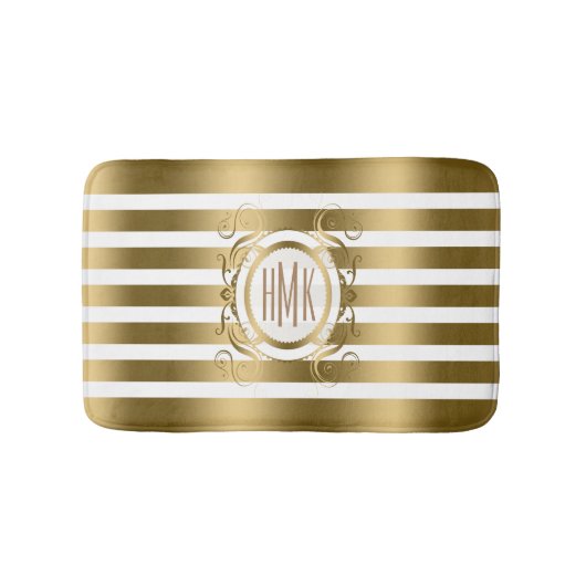 Witte en gouden strepen met wervelingen Lijst Badmat (Voorkant)