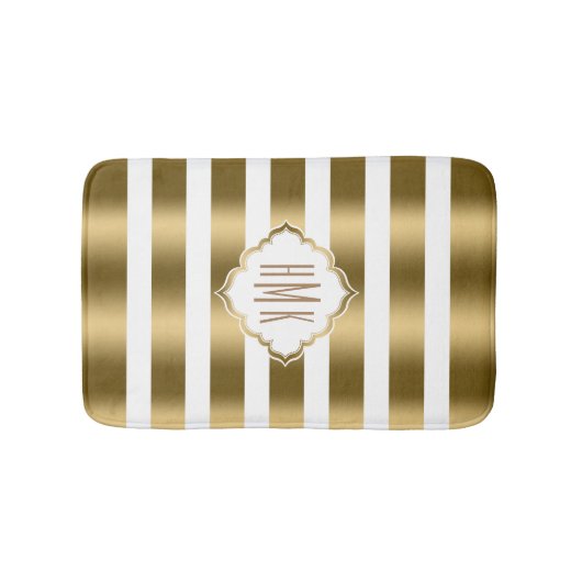 Witte en gouden strepen monogramed badmat (Voorkant)