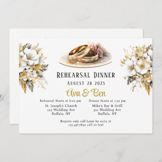 Witte en gouden trouwringen repetitie diner kaart (Voorkant / Achterkant)